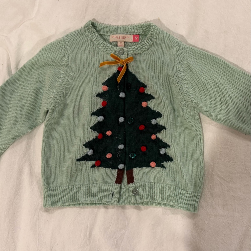 Pink Chicken Mint pom pom Christmas tree cardigan